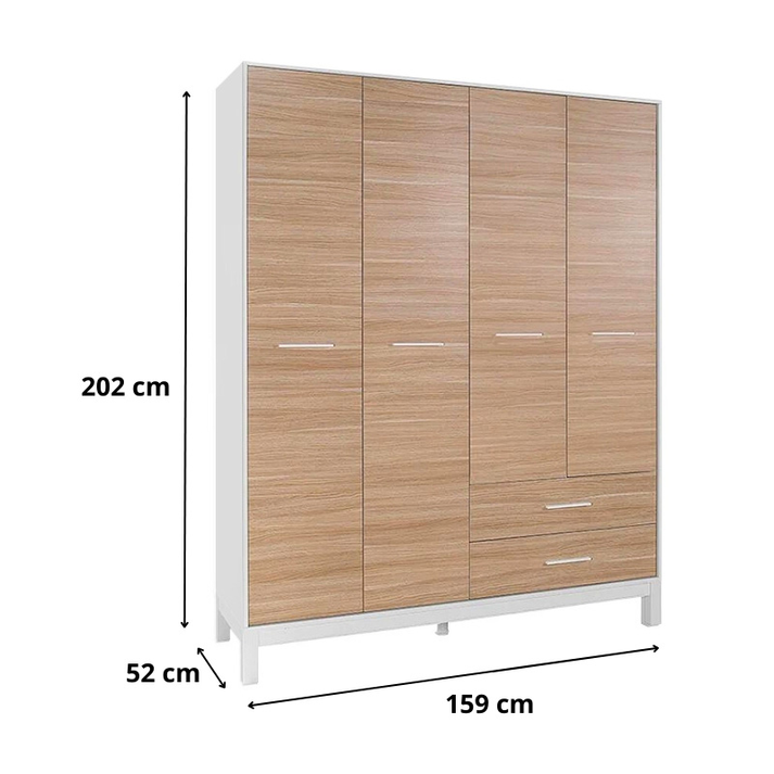 Ντουλάπα ρούχων London τετράφυλλη με συρτάρια χρώμα oak - λευκό 159x52x202εκ.
