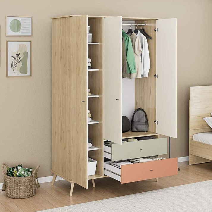 Ντουλάπα ρούχων Terra τρίφυλλη με συρτάρια χρώμα florida oak 121x54x200εκ.