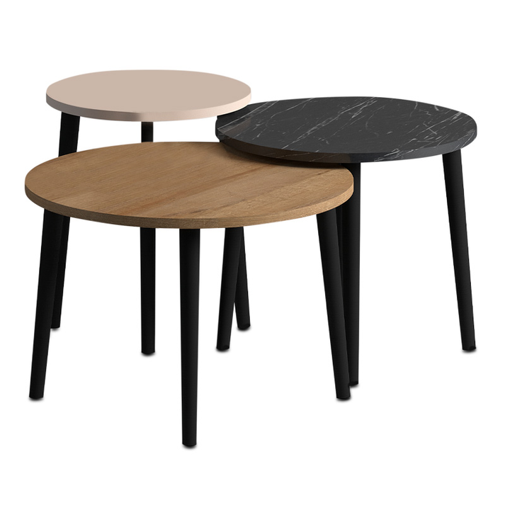 Τραπεζάκι σαλονιού σετ 3 τμχ Roma χρώμα oak - μαύρο εφέ μαρμάρου - κρεμ Φ60x46εκ.
