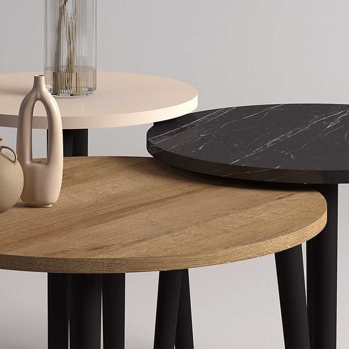 Τραπεζάκι σαλονιού σετ 3 τμχ Roma χρώμα oak - μαύρο εφέ μαρμάρου - κρεμ Φ60x46εκ.