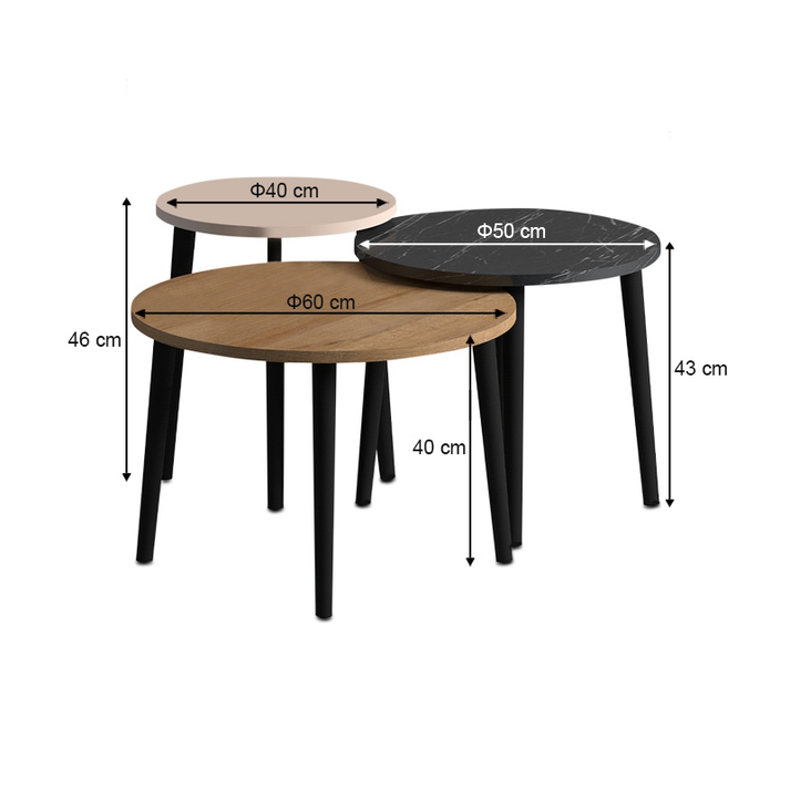 Τραπεζάκι σαλονιού σετ 3 τμχ Roma χρώμα oak - μαύρο εφέ μαρμάρου - κρεμ Φ60x46εκ.