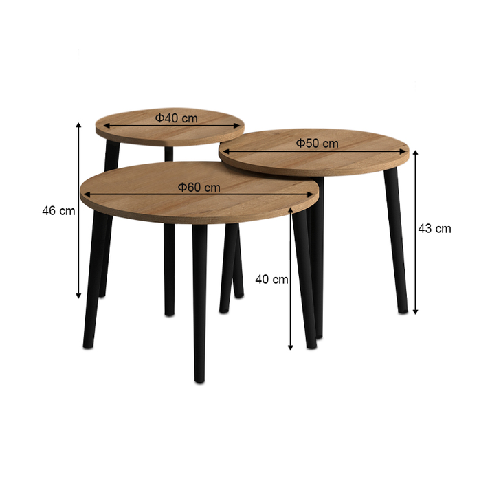 Τραπεζάκι σαλονιού σετ 3 τμχ Roma χρώμα oak Φ60x46εκ.