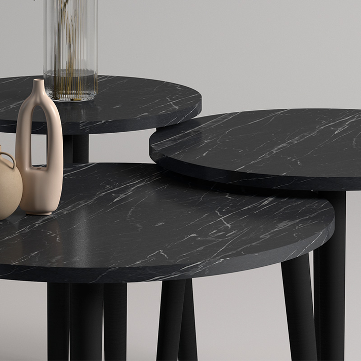 Τραπεζάκι σαλονιού σετ 3 τμχ Roma χρώμα μαύρο εφέ μαρμάρου Φ60x46εκ.