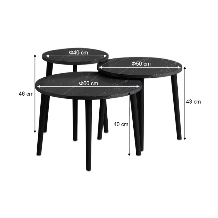 Τραπεζάκι σαλονιού σετ 3 τμχ Roma χρώμα μαύρο εφέ μαρμάρου Φ60x46εκ.