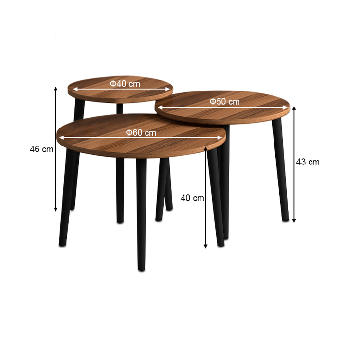 Τραπεζάκι σαλονιού σετ 3 τμχ Roma χρώμα καρυδί Φ60x46εκ.