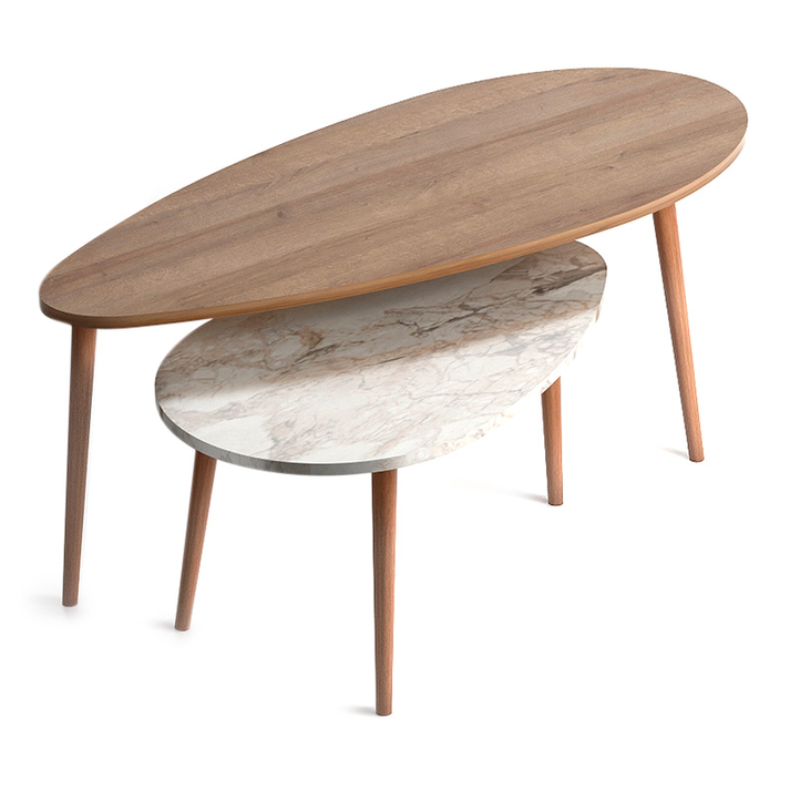 Βοηθητικά τραπεζάκια Elips χρώμα oak - μπεζ εφέ μαρμάρου 116x46x46εκ.