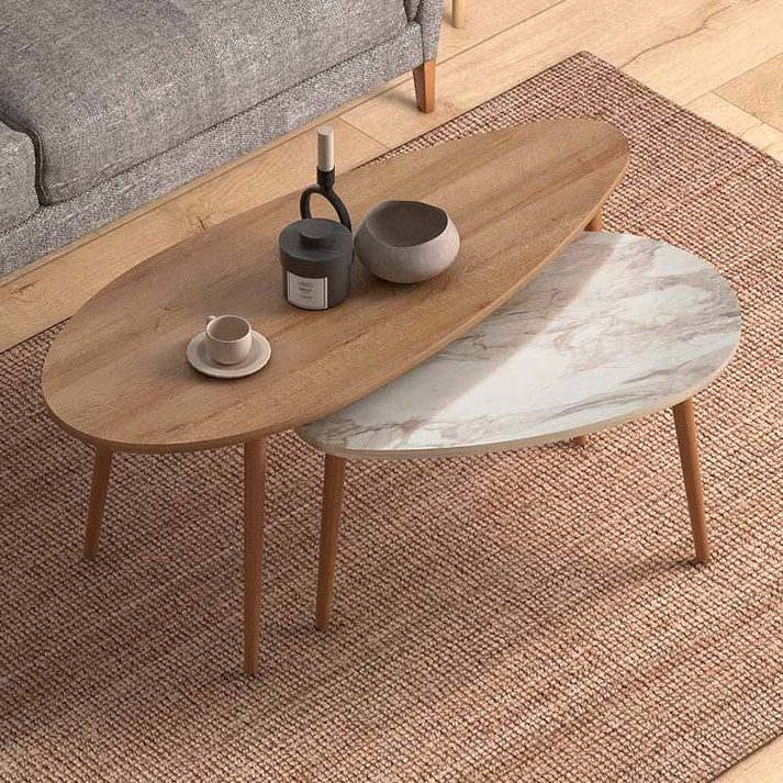 Βοηθητικά τραπεζάκια Elips χρώμα oak - μπεζ εφέ μαρμάρου 116x46x46εκ.