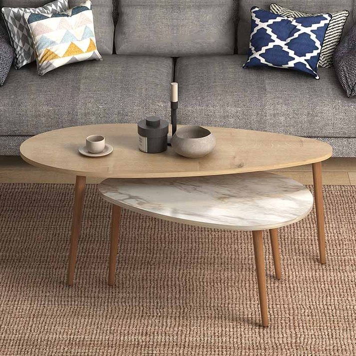 Βοηθητικά τραπεζάκια Elips χρώμα oak - μπεζ εφέ μαρμάρου 116x46x46εκ.