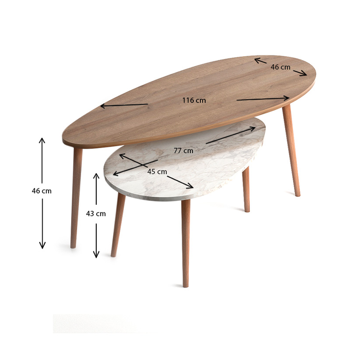 Βοηθητικά τραπεζάκια Elips χρώμα oak - μπεζ εφέ μαρμάρου 116x46x46εκ.