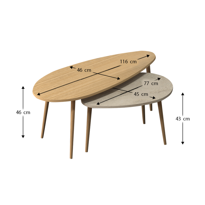 Τραπεζάκι σαλονιού σετ 2 τμχ Elips χρώμα oak - travertine 116x46x46εκ.