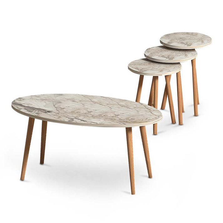 Τραπεζάκι σαλονιού + βοηθητικά τραπεζάκια Elips χρώμα εφέ μαρμάρου 90x50x41εκ.