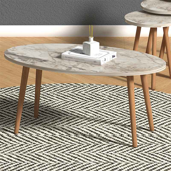 Τραπεζάκι σαλονιού + βοηθητικά τραπεζάκια Elips χρώμα εφέ μαρμάρου 90x50x41εκ.