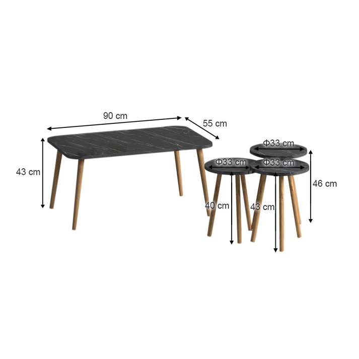 Τραπεζάκι σαλονιού σετ 4 τμχ Soul χρώμα μαύρο εφέ μαρμάρου 90x55x43εκ.