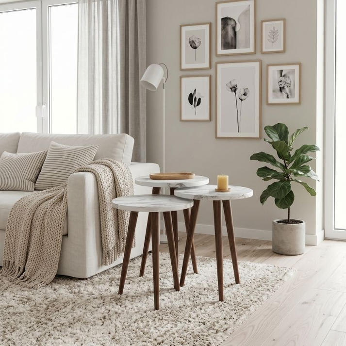 Τραπεζάκι βοηθητικό σετ 3 τμχ Cruz χρώμα λευκό εφέ μαρμάρου Ø33x46εκ.