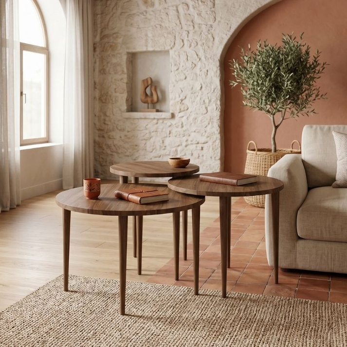 Τραπεζάκι σαλονιού σετ 3 τμχ Nola χρώμα καρυδί Ø60x46εκ.