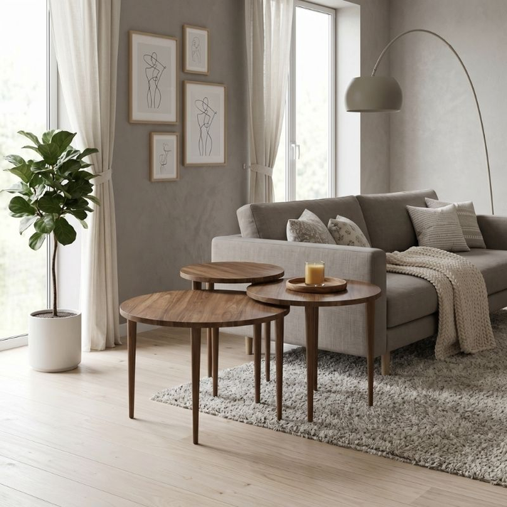 Τραπεζάκι σαλονιού σετ 3 τμχ Nola χρώμα καρυδί Ø60x46εκ.