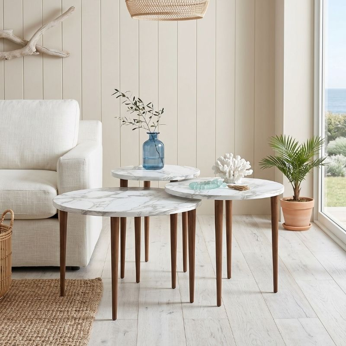 Τραπεζάκι σαλονιού σετ 3 τμχ Nola χρώμα λευκό εφέ μαρμάρου Ø60x46εκ.