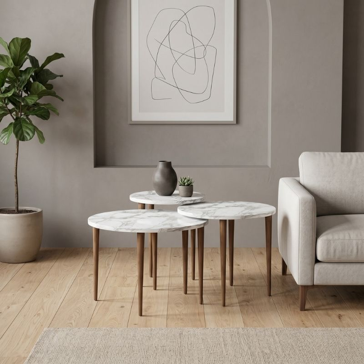 Τραπεζάκι σαλονιού σετ 3 τμχ Nola χρώμα λευκό εφέ μαρμάρου Ø60x46εκ.