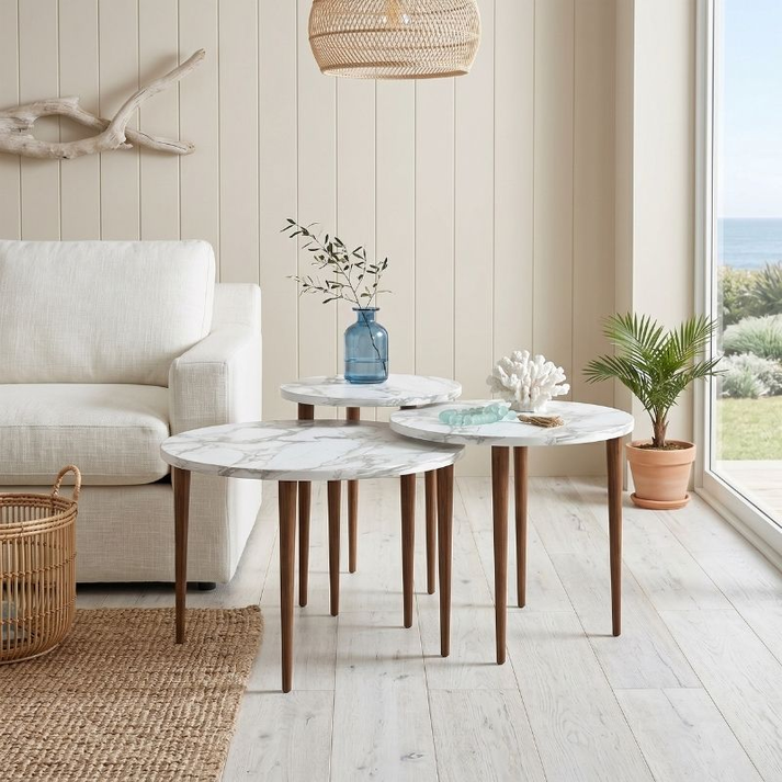 Τραπεζάκι σαλονιού σετ 3 τμχ Nola χρώμα λευκό εφέ μαρμάρου Ø60x46εκ.