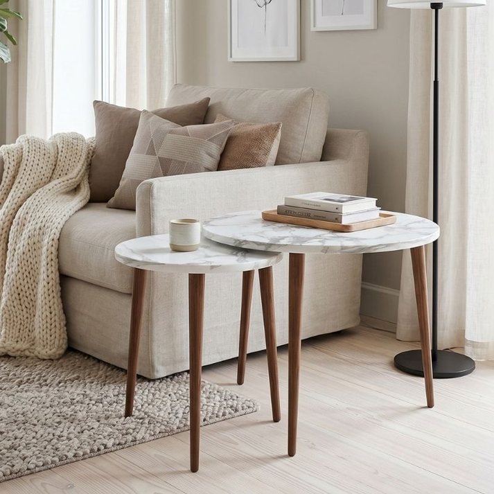 Τραπεζάκι σαλονιού σετ 2 τμχ Nola χρώμα λευκό εφέ μαρμάρου Ø60x46εκ.