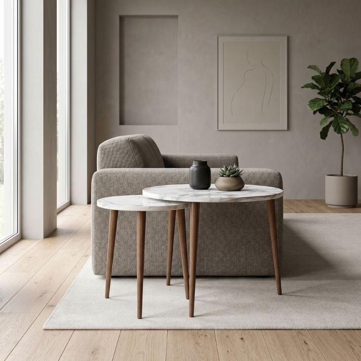 Τραπεζάκι σαλονιού σετ 2 τμχ Nola χρώμα λευκό εφέ μαρμάρου Ø60x46εκ.