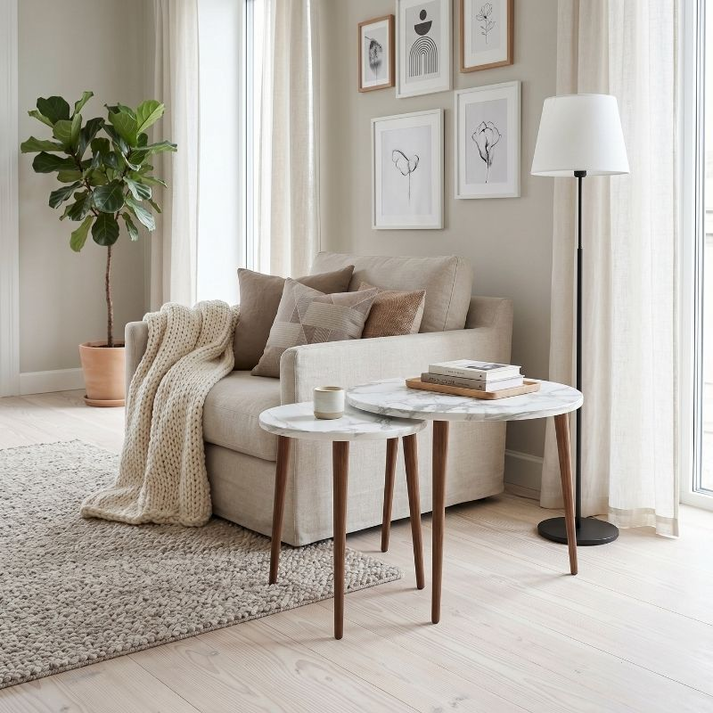 Τραπεζάκι σαλονιού σετ 2 τμχ Nola χρώμα λευκό εφέ μαρμάρου Ø60x46εκ.