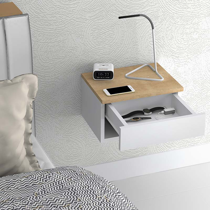 Κομοδίνο επιτοίχιο Mary χρώμα φυσικό οξιάς - λευκό 40x30x23εκ.