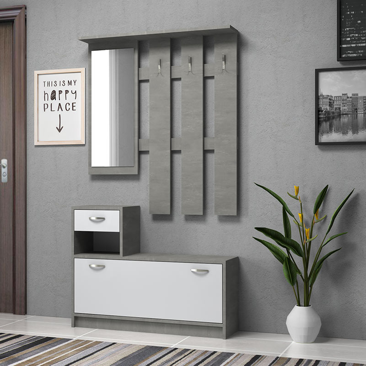 Έπιπλο εισόδου Raynold χρώμα γκρι σκυροδέματος - λευκό 100x30x180εκ.