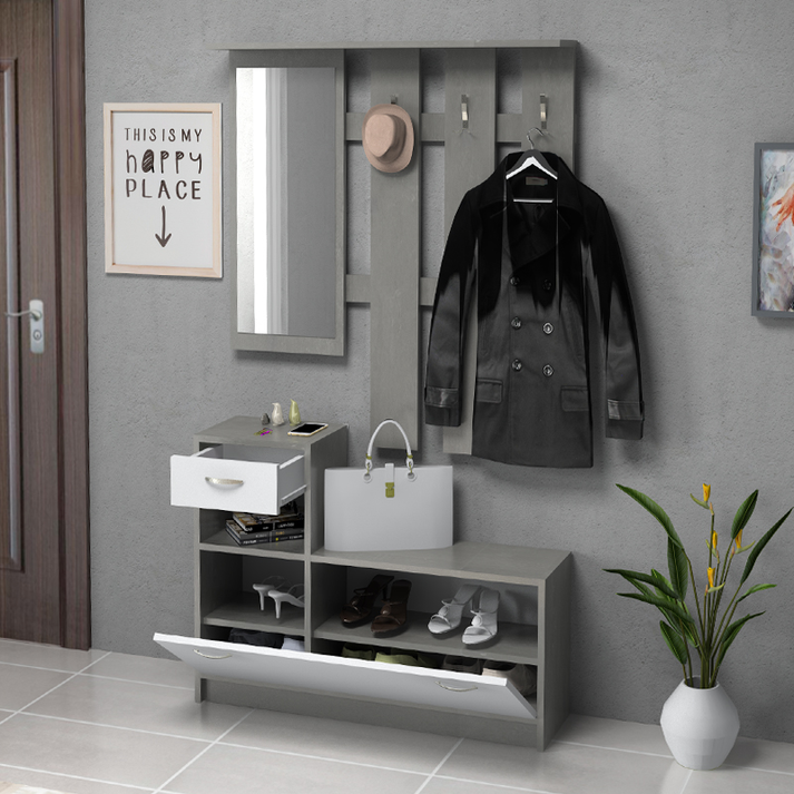 Έπιπλο εισόδου Raynold χρώμα γκρι σκυροδέματος - λευκό 100x30x180εκ.