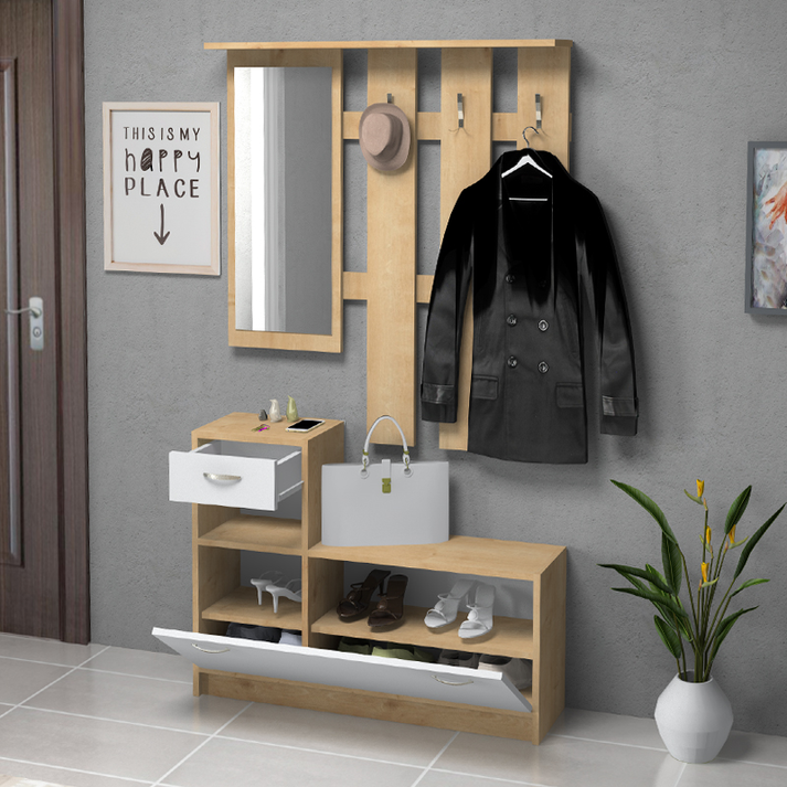 Έπιπλο εισόδου Raynold χρώμα φυσικό οξιάς - λευκό 100x30x180εκ.