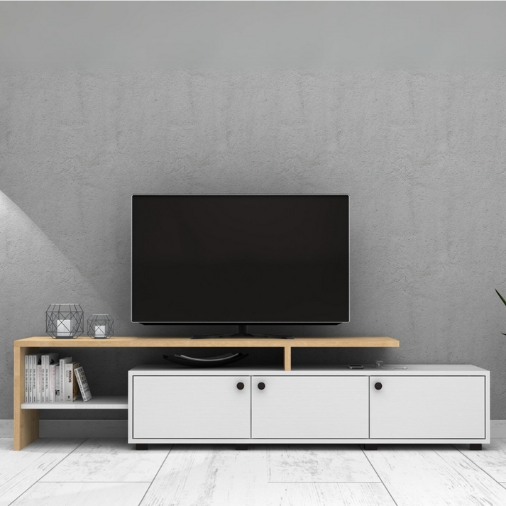 Έπιπλο τηλεόρασης Amadeo χρώμα λευκό - φυσικό οξιάς 197,5x35x46cm.