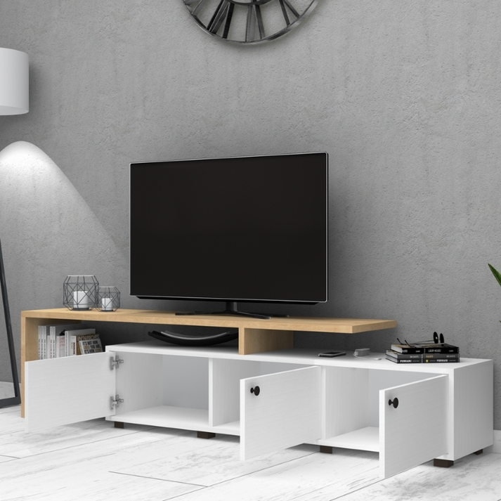 Έπιπλο τηλεόρασης Amadeo χρώμα λευκό - φυσικό οξιάς 197,5x35x46cm.