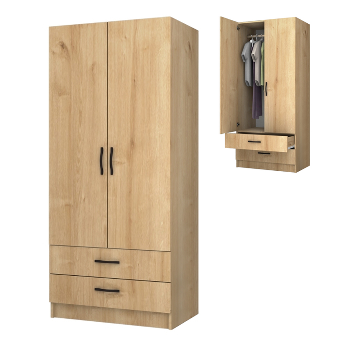Ντουλάπα ρούχων Ricardo δίφυλλη με συρτάρια χρώμα φυσικό οξιάς 80x51,8x181εκ.