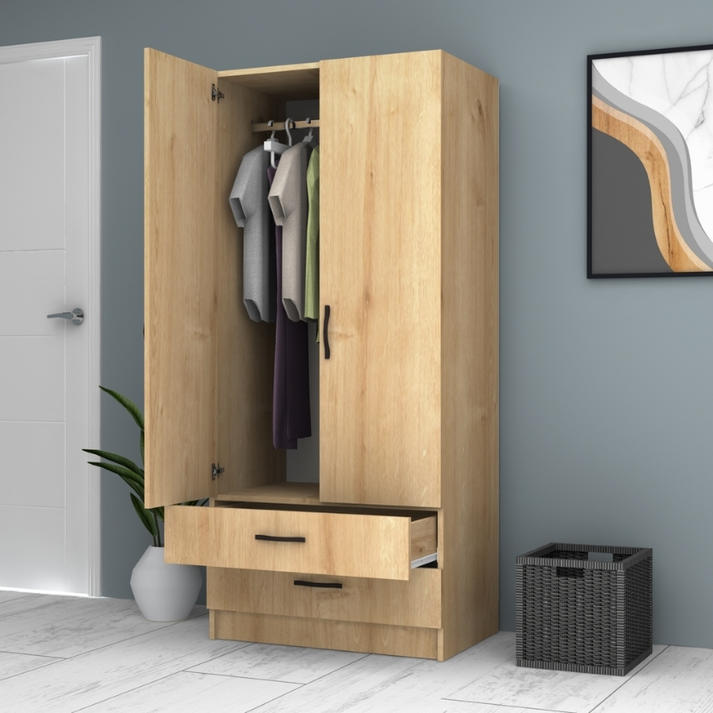 Ντουλάπα ρούχων Ricardo δίφυλλη με συρτάρια χρώμα φυσικό οξιάς 80x51,8x181εκ.