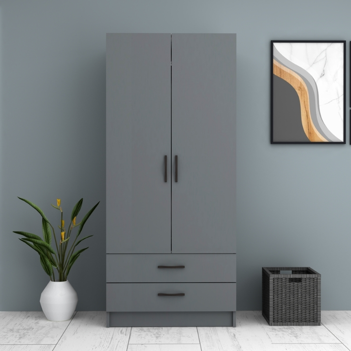 Ντουλάπα ρούχων Ricardo δίφυλλη με συρτάρια χρώμα ανθρακί 80x51,8x181εκ.