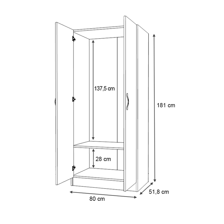 Ντουλάπα ρούχων Vivian δίφυλλη χρώμα φυσικό οξιάς 80x51,8x181εκ.