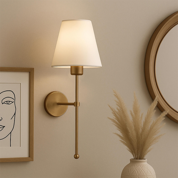 Απλίκα τοίχου Verma E27 υφασμάτινη - μεταλλική χρώμα χρυσό - κρεμ 13x13x50εκ.