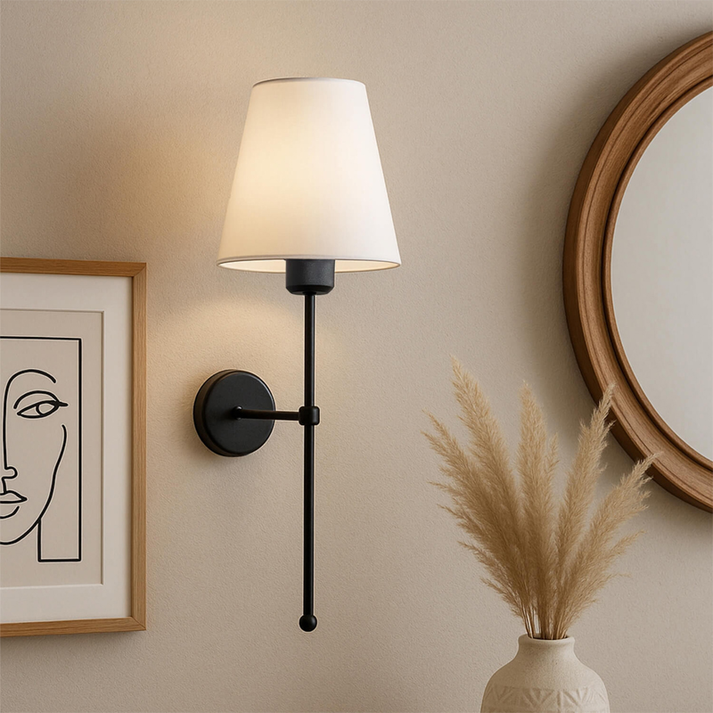 Απλίκα τοίχου Verma E27 υφασμάτινη - μεταλλική χρώμα μαύρο - κρεμ 13x13x50εκ.