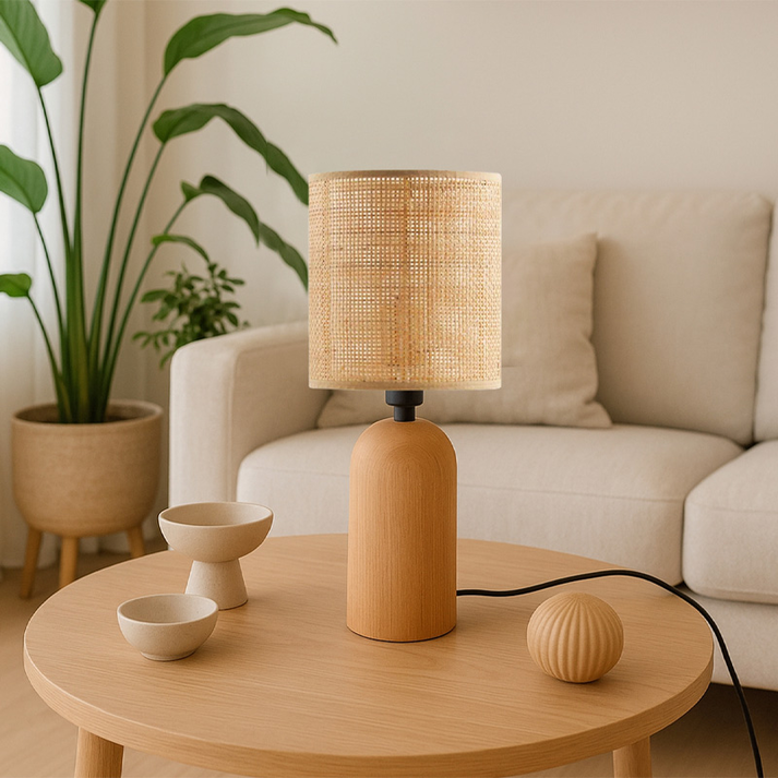 Φωτιστικό επιτραπέζιο Cora E14 ξύλινο - pe rattan χρώμα φυσικό Ø15x35εκ.