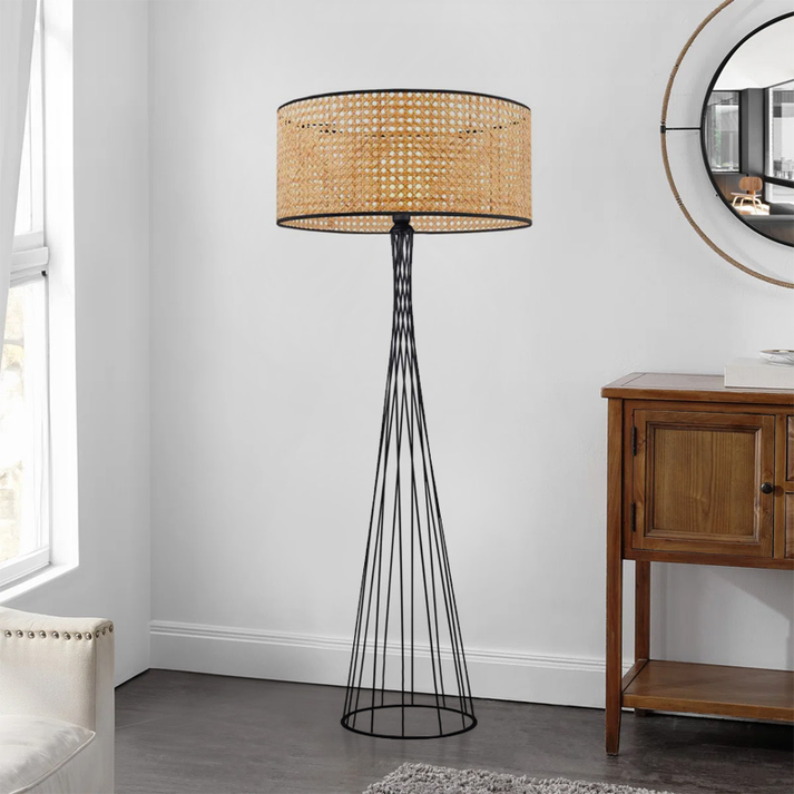 Φωτιστικό δαπέδου Solin E27 μεταλλικό - ρατάν χρώμα μαύρο - φυσικό Ø38x140εκ.