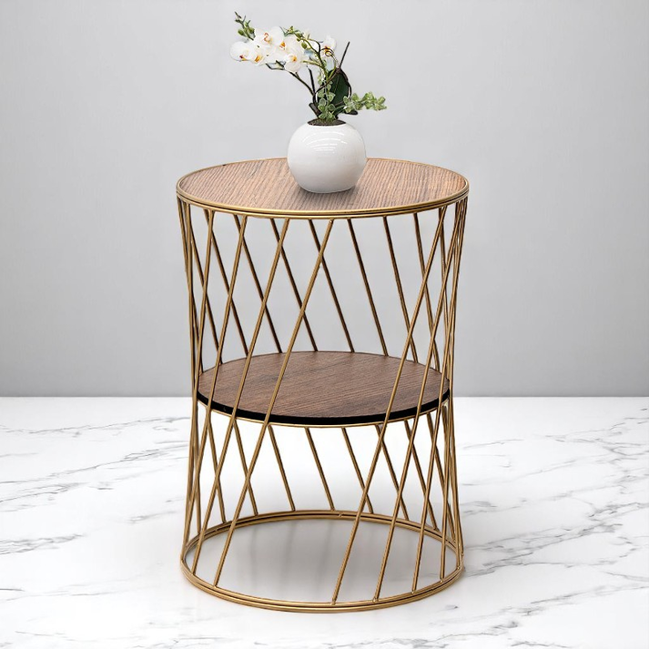 Βοηθητικό τραπεζάκι Jaspin μεταλλικό - Mdf χρώμα χρυσό - καρυδί 32x32x44εκ.