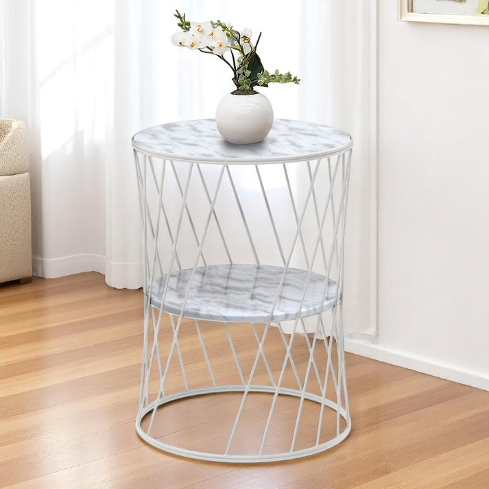 Βοηθητικό τραπεζάκι Jaspin μεταλλικό - Mdf χρώμα λευκό-λευκό εφέ μαρμάρου 32x32x44εκ.