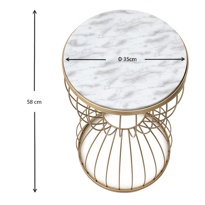 Βοηθητικό τραπεζάκι Pino μεταλλικό - Mdf χρώμα χρυσό - λευκό εφέ μαρμάρου 35x35x58εκ.