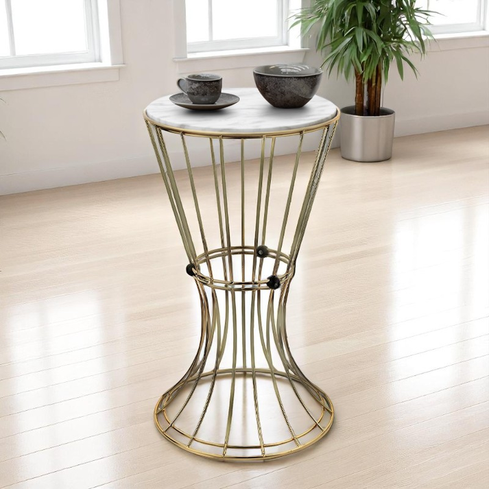 Βοηθητικό τραπεζάκι Girene μεταλλικό - Mdf χρώμα χρυσό - λευκό εφέ μαρμάρου 32x32x58εκ.