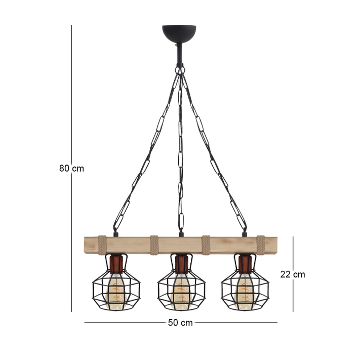 Φωτιστικό οροφής Lumenia E27 ξύλινο - μεταλλικό τρίφωτο χρώμα φυσικό - μαύρο 50x14x80εκ.