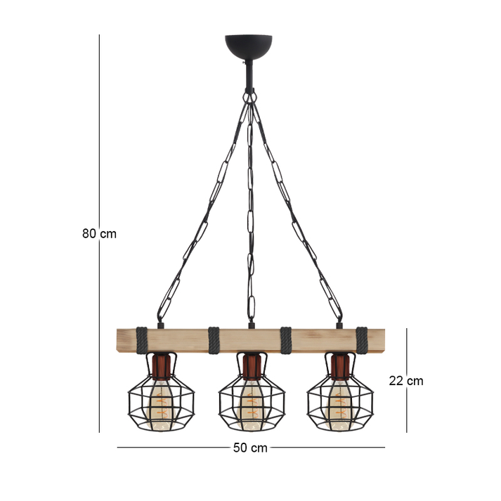 Φωτιστικό οροφής Lumenia E27 ξύλινο - μεταλλικό τρίφωτο χρώμα φυσικό - μαύρο 50x14x80εκ.