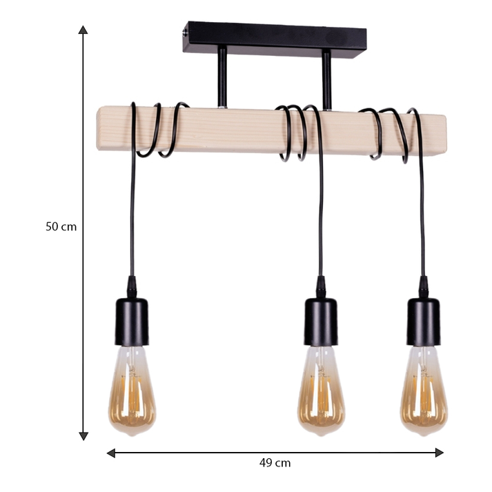 Φωτιστικό οροφής Radovan E27 ξύλινο τρίφωτο χρώμα φυσικό - μαύρο 49x5x50εκ.