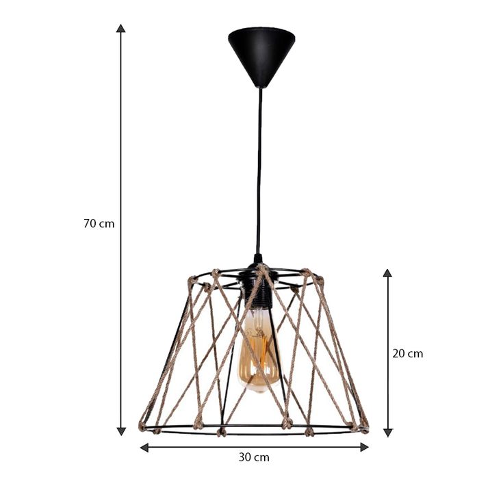 Φωτιστικό οροφής Andro E27 μεταλλικό - σχοινί μονόφωτο χρώμα μαύρο - φυσικό Ø30x70εκ.