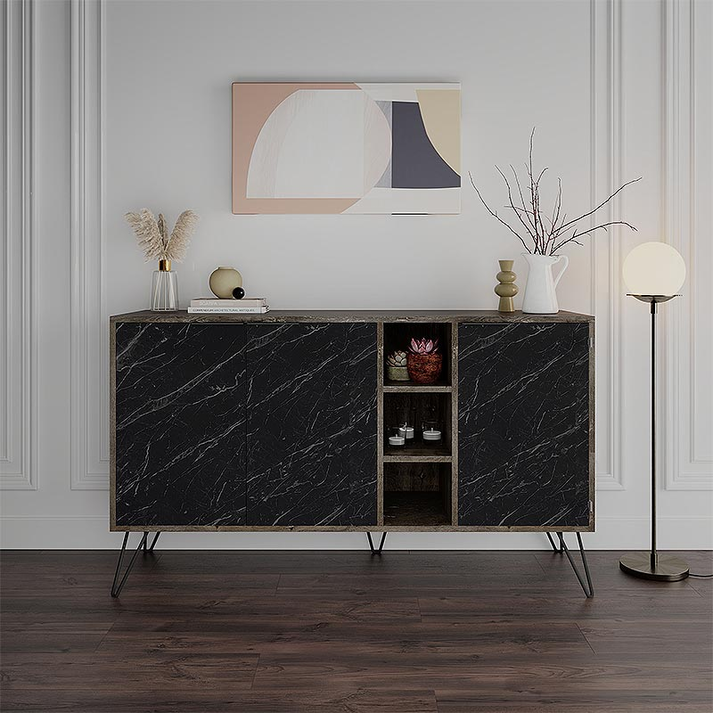 Μπουφές Clara χρώμα dark coffee - μαύρο εφέ μαρμάρου 142x35,6x83εκ.