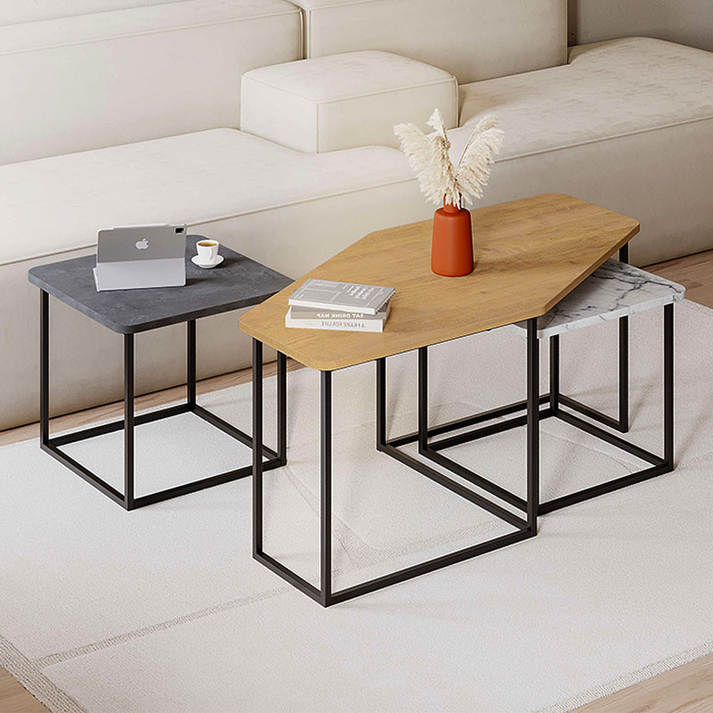 Τραπεζάκι σαλονιού σετ 3 τμχ. Nesty χρώμα saphhire oak - γκρι ρετρό - λευκό εφέ μαρμάρου 110x60x48εκ.